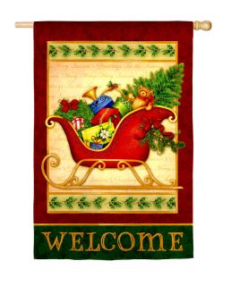 LARGE HOUSE YARD FLAG 28x43 Holiday Sleigh Christmas Season FLAG