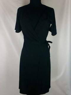 ANN TAYLOR LOFT womens black v cut rayon polyester wrap around dress 