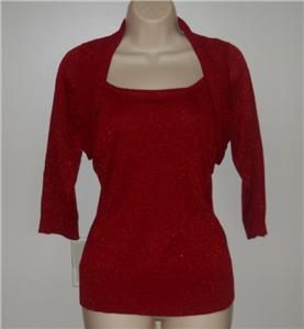 AB Studio Red Dressy Holiday Sweater Shrug Attached Metallic Threading 