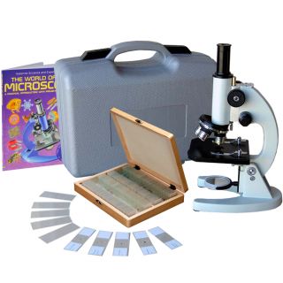   Metal Frame Student Microscope with ABS Case, 100pc Specimens & Book