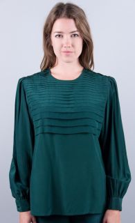   70s Incredible Pleat Hunter Green Pleated Silk Blouse Top s M L