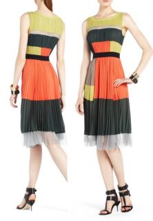 New $348 BCBG Max Azria Abie Color Blocked Cocktail Pleated Dress 