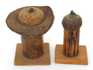 Folk Art Carved Wood Heads with Acorn Cap Hats Ray Fisher Washington 