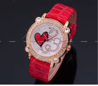Brits Crystal Red Heart Leather Lady Quartz Watch Gift