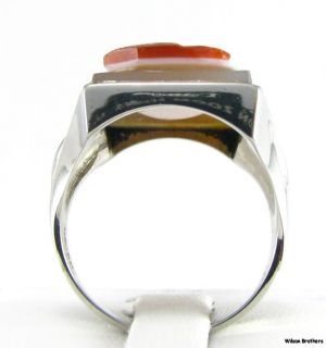 Unique Carnelian Agate Dual Cameo Warrior Ring 10K Solid White Gold 
