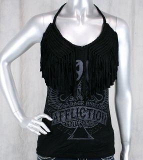 Affliction Womens Gypsy Halter Top Shirt Black Woven Fringe 111KN006 