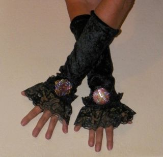 Black Velvet Gothic Victorian Lolita Steampunk Fingerless Gloves Cuffs 