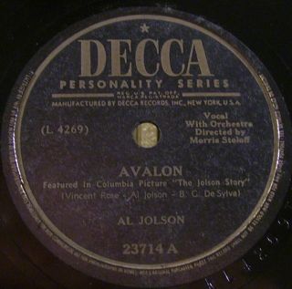 Al Jolson Avalon 1947 Decca Records 10 78rpm Jazz Pop