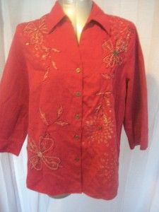 Sz 12 L Alfred Dunner Red Floral Bead Embellished 3 4 Sleeve Shirt 