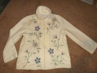 ALFRED DUNNER cream ivory fleece jacket sweater embroidered beaded 
