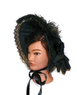 Black Victorian Dress Bonnet Civil War Mourning Hat Costume with Lace 