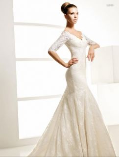   Vintage Custom Bridal Wedding Dress Gown V Neck 1 2 Sleeve Lace