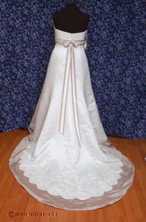 Alfred Angelo 2105 Ivory Satin w Cafe Beige Strapless Wedding Dress 
