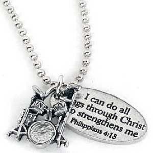Can do All Things Though Christ Phil 4 13 Drums Silver Necklace 24 