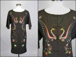 VTG 1960s Alfred Shaheen Designer Dress M L Handpainted Peacocks Shift 