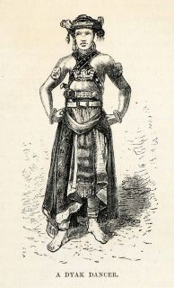1879 Wood Engraving Dyak Dancer Costume Fashion Art Borneo Indonesia 