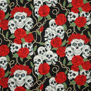 Alexander Henry The Rose Tattoo Black Skull Goth Cotton Fabric 18x44 