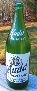 RARE Green Glass BUDD Beverage Bottle Quart Size Newport NH Textured 