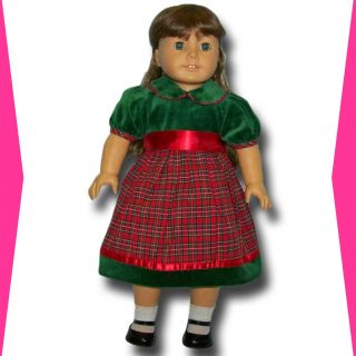 Doll Clothes Fit American Girl Green Velvet Red Plaid Dress Holiday 