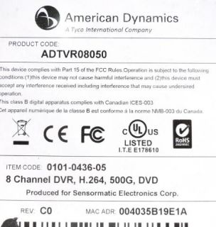 American Dynamics ADTVR08050 8 Channel DVR 500GB HDD Advanced H 264 