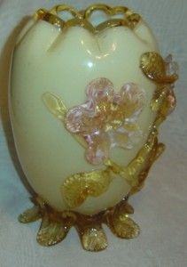   Art Glass Stevens and Williams Cased Vase Applied Flowers Amber Crest