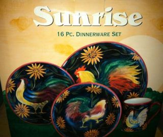 New Sunrise Susan Winget 16 PC Set Certified International Rooster Mug 