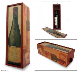WINE & CHEESE Handcrafted DECOUPAGE WOOD WINE BOTTLE HOLDER BOX Novica 