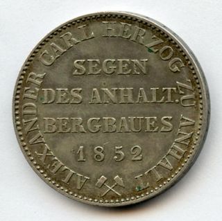 1852 A Germany Anhalt Bernburg KG Alexander Carl Thaler Scarce Toned 