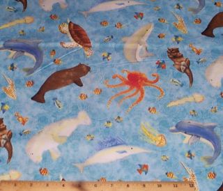 Ocean Animals Dolphins Fish Rainy Days Quilt Fabric 4yd