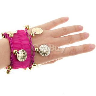 Belly Dance Arm Ankle Cuff Bracelets Gold Coin Fuchsia
