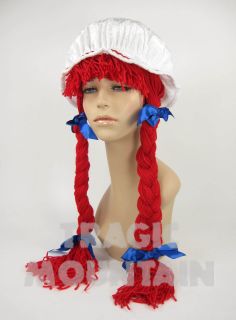 Raggedy Ann Wendys Red Yarn Hair Wig Braids Bows Bonnet Costume Hat 