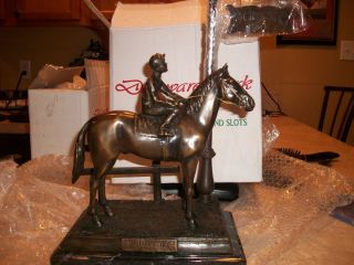 New Delaware Park Bronze Horse Racing Statue Jockey Looking at DP Sign 