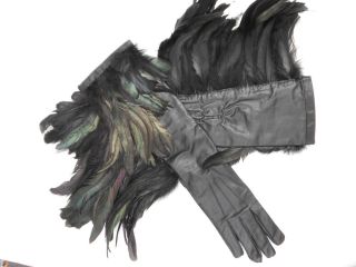 Ann Demeulemeester Black Leather Elbow Gloves W Iridescent Feathers SZ 