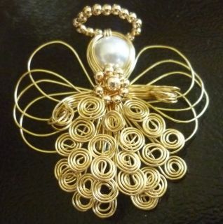 Gold Tone Angel Pin with Beaded Halo Wire Wings and Pearl Head