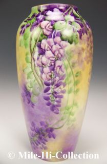 LIMOGES FRANCE HAND PAINTED WISTERIA VASE SIGNED ANNA J SMITH