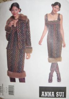 Anna Sui ~ Faux Fur trimmed Dress Jacket Jewel Neck Vogue 2233 B34 B36 