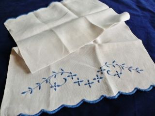 Antique Huck Irish Linen Towel Guest Tea Embroidered Satin Blue 