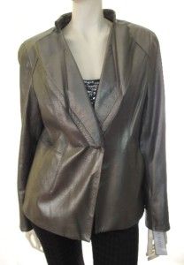 Anne Klein New York Metallic One Button Leather Jacket Pewter $695 