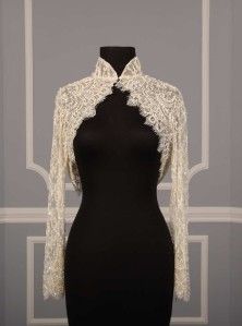 Justina McCaffrey Couture Ivory Long Sleeve Beaded Lace Jacket Bolero 