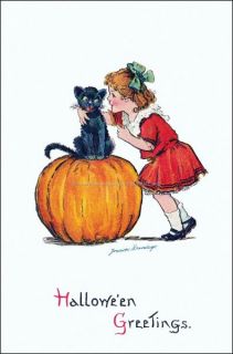 Brundage Halloween Girl w Black Cat Pumkpin REPRO GREETING CARD