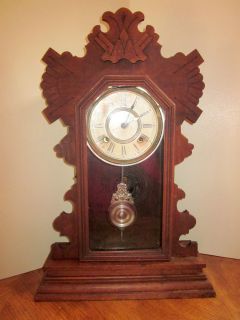 Antique Ansonia Clock Co New York 1882 Carved Oak Kitchen Shelf Clock 