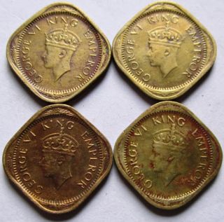British India 1 2 Anna 4 Coins Set King George VI 1943 1944 Extra Fine 