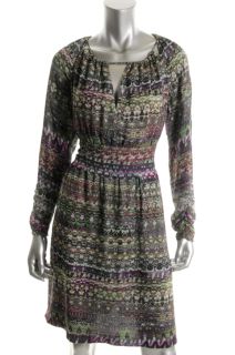 Anne Klein Multi Color Printed Silk Long Sleeves Ruched Casual Dress 