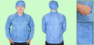 Unisex Blue Zipper Closure Anti Static Clean Room ESD Jacket Uniform w 