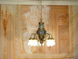 Antique Vintage Cloisonne Brass Bronze Chandelier Light Fixture w 