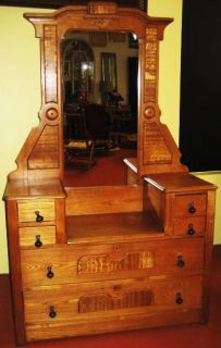 Antique Oak Carved Dresser w Ori Mirror Hardware