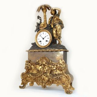 French Antique Empire Bronze Mantle Clock Feat Robinson Crusoe Bastet 