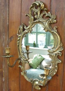 Antique French Vintage Brass Acanthus Leave Wall Mirror Candle Sconces 
