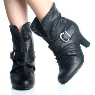 Black Ankle Boots Buckle Fold Over Shearling Fur Womens High Heels 