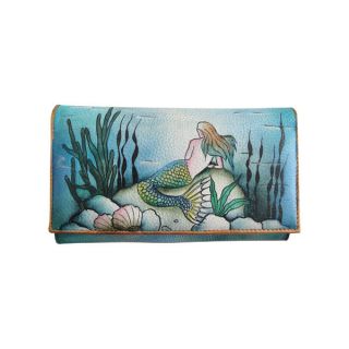 Anuschka Genuine Leather Check Book Wallet Clutch Hand Painted Mermaid 